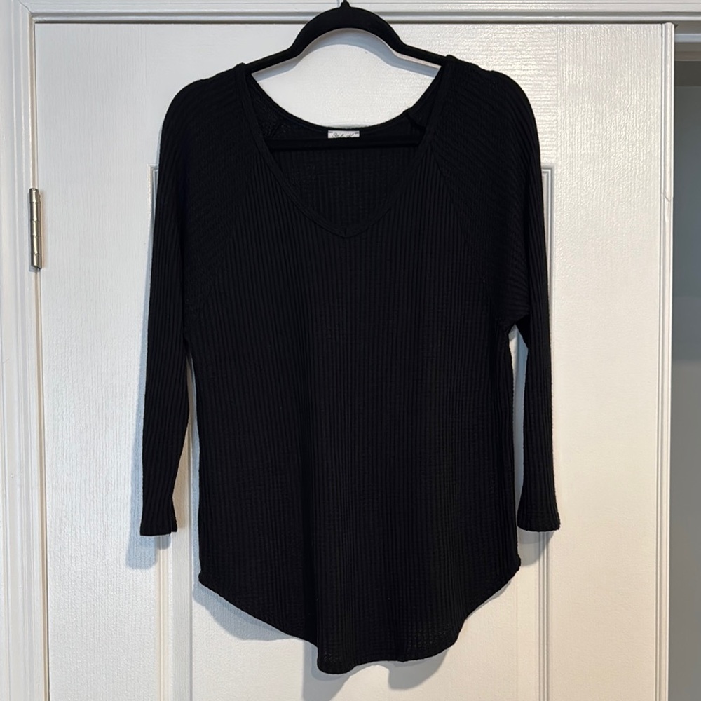 Black Waffle Weave V-Neck Top